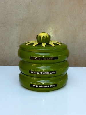 retro green candy/pretzels/peanuts container
