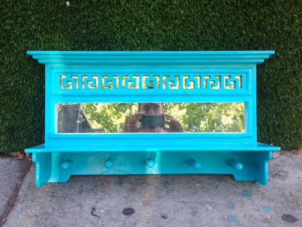 blue wall hanging coat rack with mirror