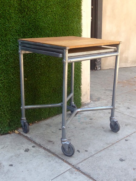 industrial table on casters with wood top