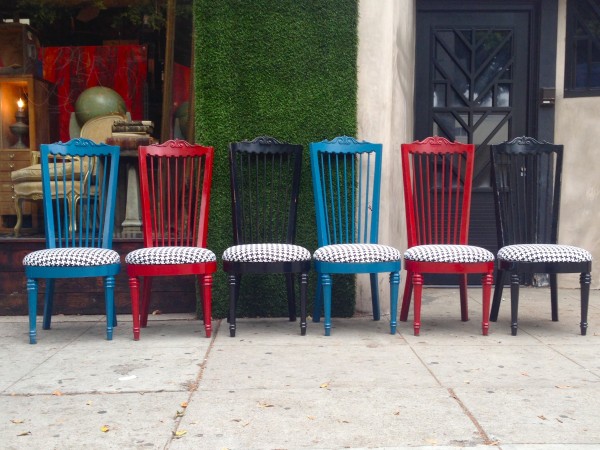6 tall back vintage chairs with houndstooth cushion