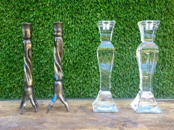 set of twisty steel & Crystal candle holders