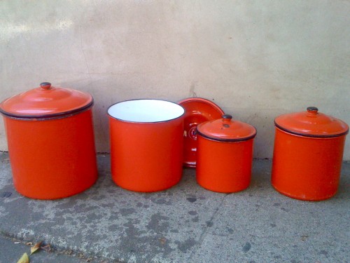 set of 4 red/orange metal retro round containers