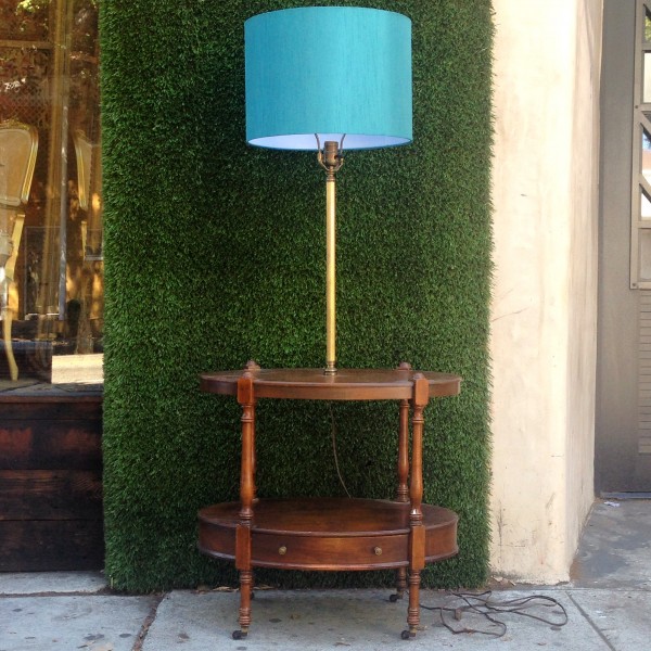 vintage end table on wheels with lamp