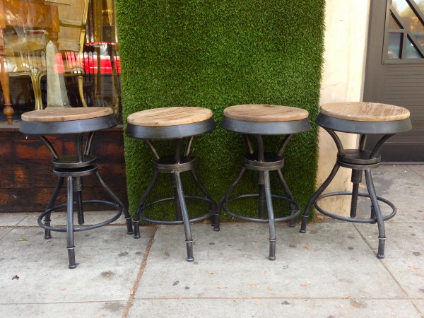 4 round adjustable metal stools with wood top