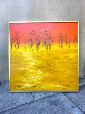 vintage square framed yellow & orange tree painting
