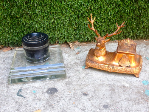 vintage glass and copper ink holders