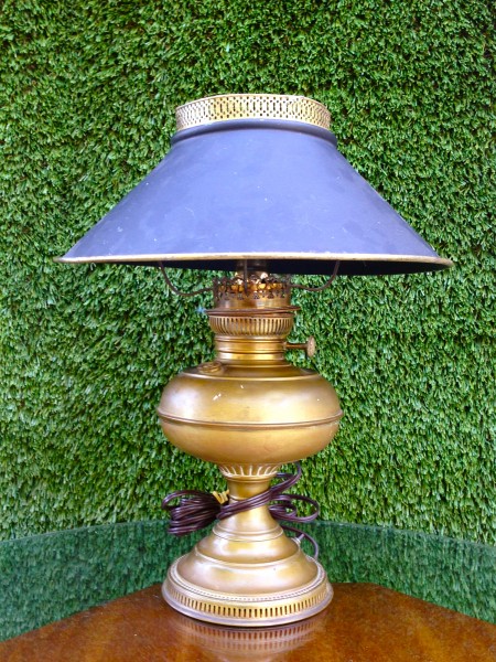 brass lamp with blue metal shade