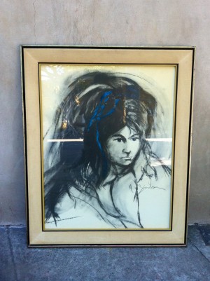 original black & white painting of woman with a bit of blue on hair