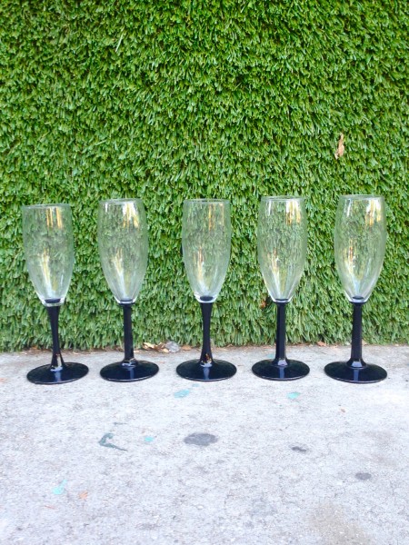 set of 5 black stem wine glasses