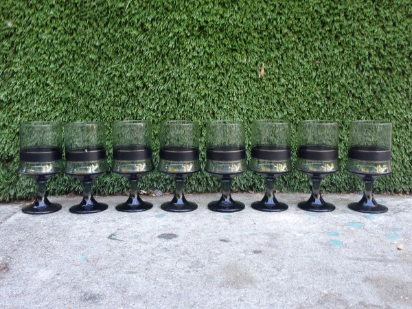 set of 8 vintage black & gold wine glasses