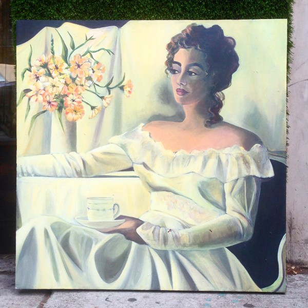 painting of lady on wedding dress drinking coffee
