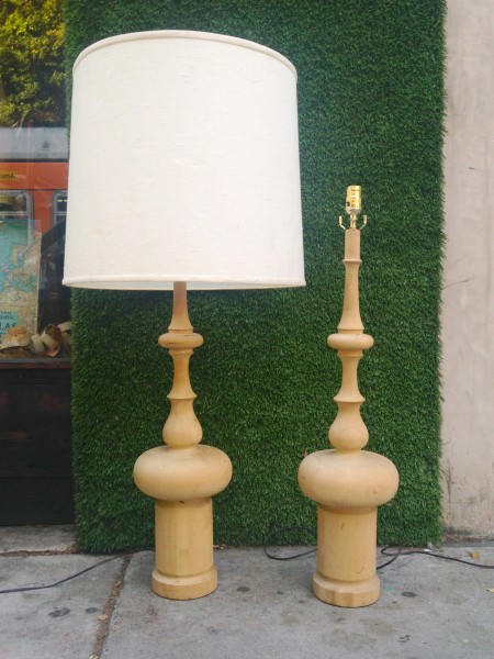pair of tall wooden base lamps