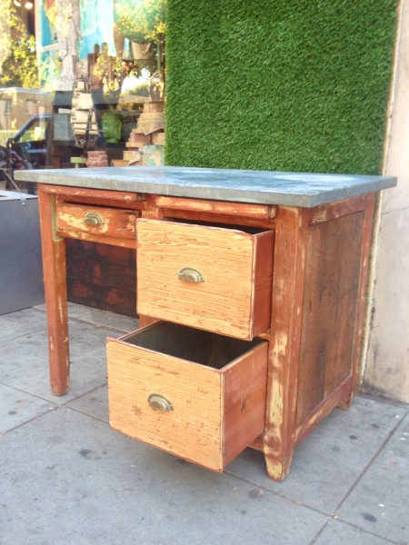 vintage wooden distressed desk with metal interior drawers