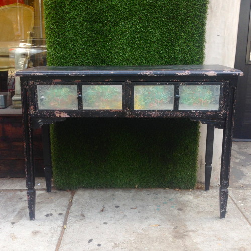 distressed black console with mirror panels