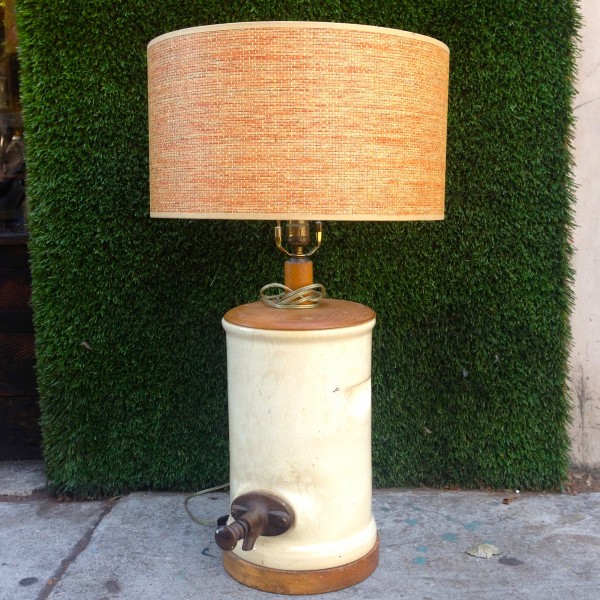 white ceramic & wood vintage lamp with shade