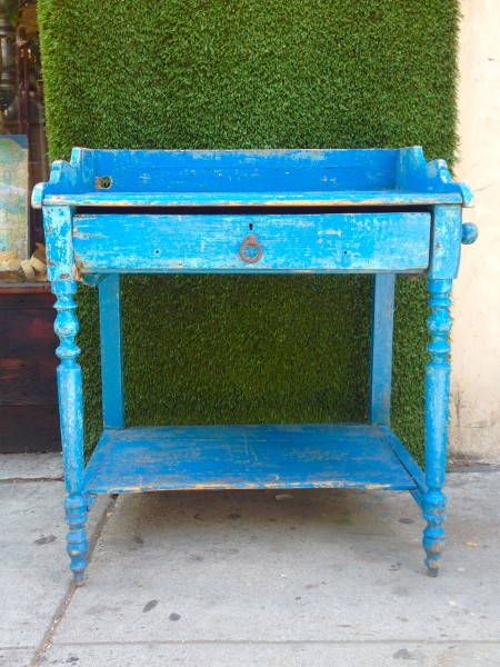 distressed blue table with drawer