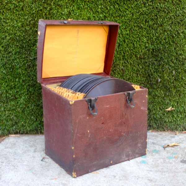 vintage record carrier with records