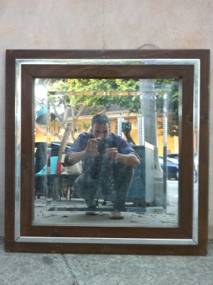 square mirror with wood & chrome frame