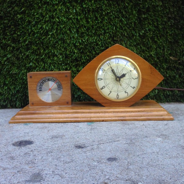 vintage wooden clock and thermometer