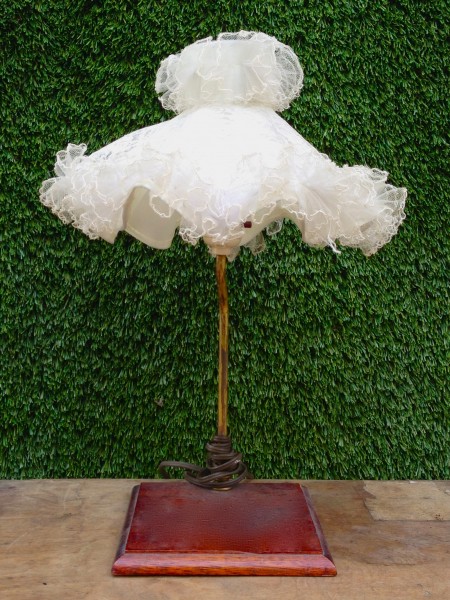 small lamp with wooden base and girly white shade