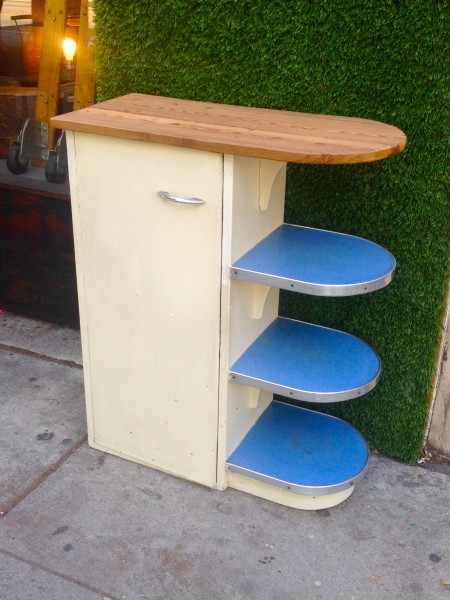 retro blue and white kitchen cabinet with reclaimed wood top