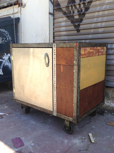 Industrial Cart with Wood Panels and Metal Door