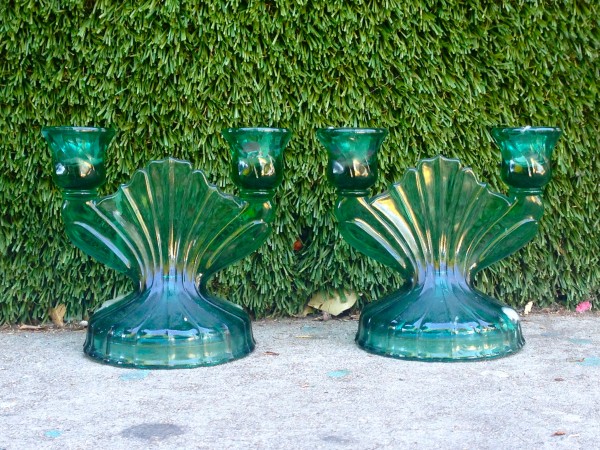 set of 2 blue glass candleholders