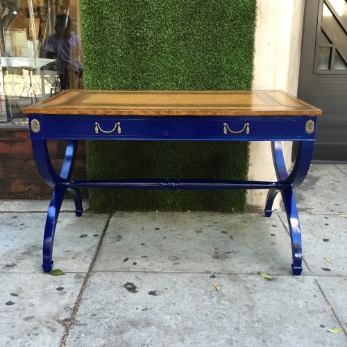 blue regency desk / table with beautiful hardware