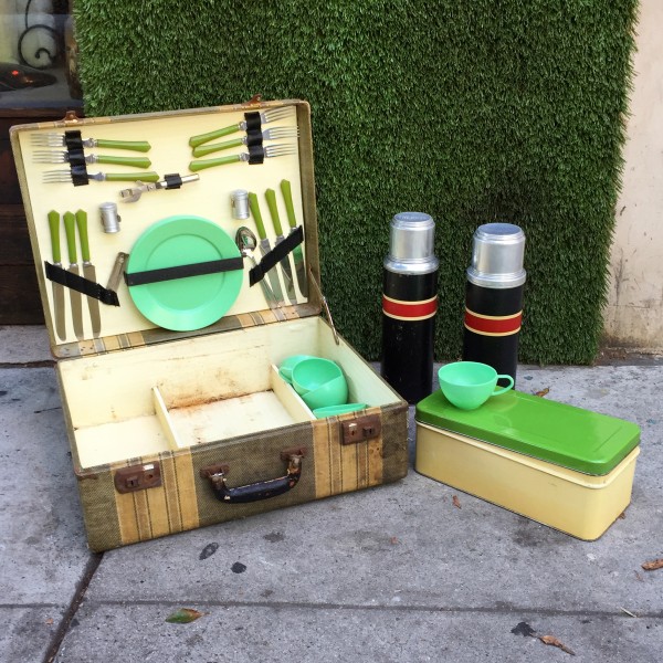 vintage traveling picnic set with case