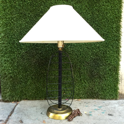 black iron mid century lamp with beige shade