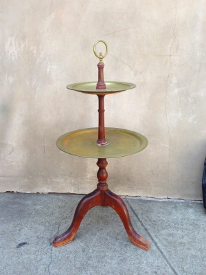 2-level wooden table with brass round shelves