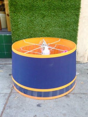2 big blue and orange hanging lamps