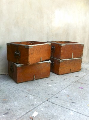 10 vintage wooden crates with metal edging & handles