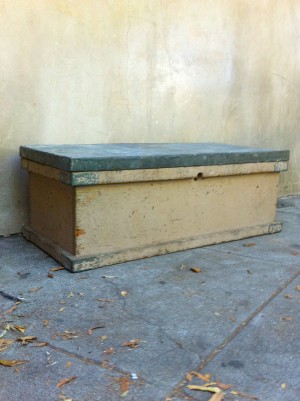 wooden vintage trunk with metal lid