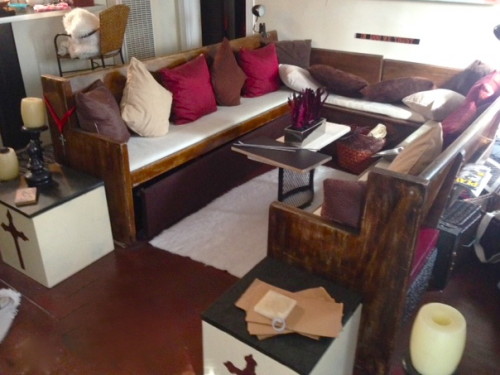 vintage church pews & cube end tables with storage